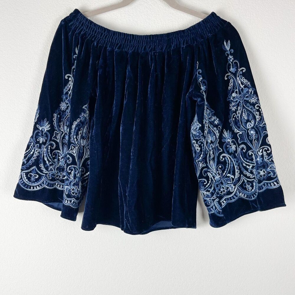 Misa Los Angeles Velvet Top Womens Small Blue‎ Bell Sleeve Off The Shoulder Boho